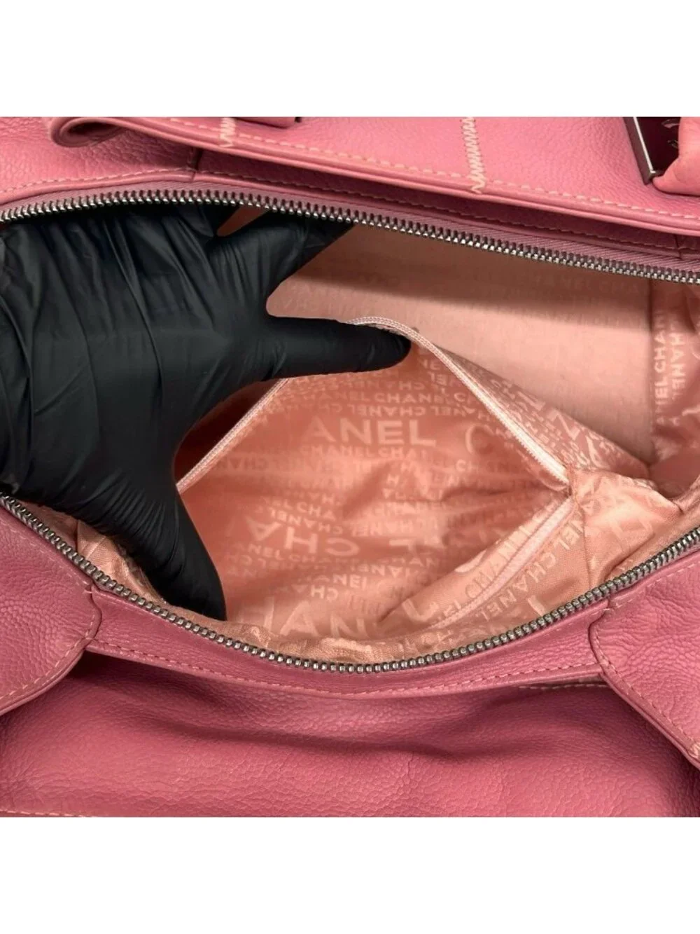 Chanel Choco Bar CC Logo Caviar Leather Mini Boston Bag Pink